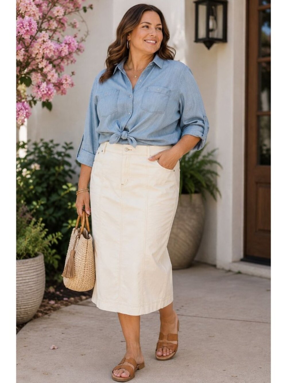 Cream Midi Denim-Style Skirt - Women's Classic Pencil Skirt